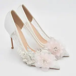 cute pink flower beaded lace bridal stiletto pumps