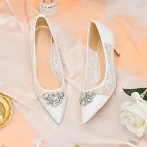 elegant beaded lace short heel comfortable bridal shoes