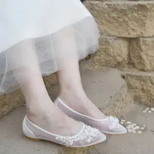 breathable mesh beaded white floral flat shoes for bride