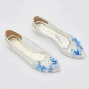 transparent mesh blue butterfly embellished evening flats