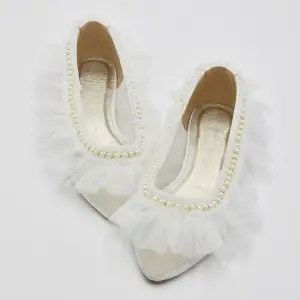 romantic pearls ruffled tulle wedding flats for brides