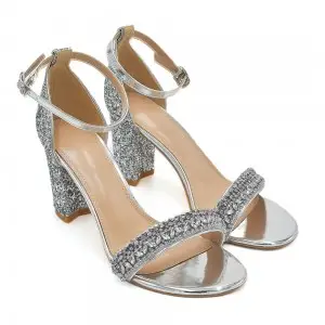 glitter 8cm block heel silver beaded formal party sandals