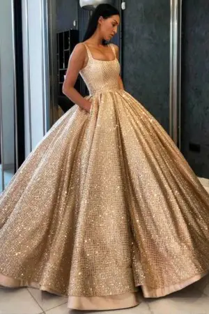 Luxury sparkly champagne gold glitter formal ball gown