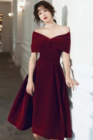 off the shoulder burgundy velvet tea length party dress