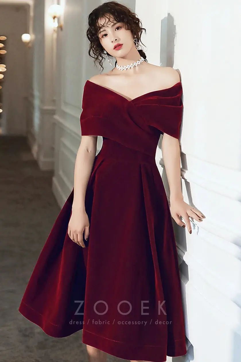 Off-the-shoulder Burgundy Velvet Tea-length Party Dress - ZOOEK