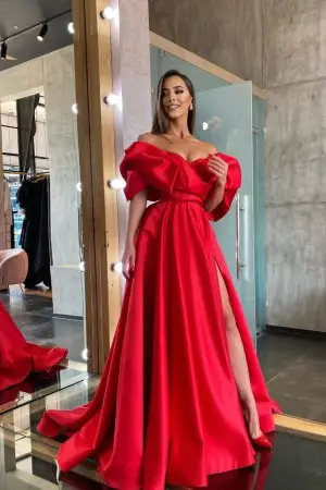 draped red satin off the shoulder sexy slit prom dress