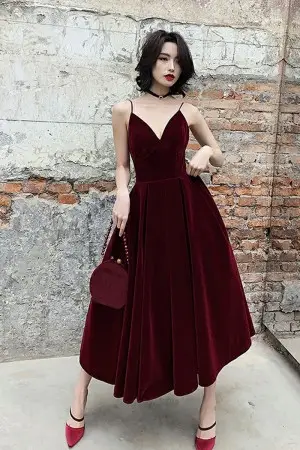 fashionable dark red velvet tea length cocktail gown