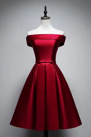 shiny sleek red satin off the shoulder cocktail dress