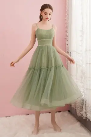 lovely pleated sage green tulle tea length party dress