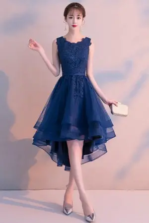 jewel neck navy blue lace and tulle high low party dress