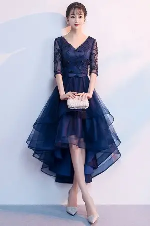 half sleeve navy satin high low tulle cocktail dress