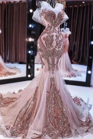 rose gold sequin oversized bow mermaid tulle prom dress