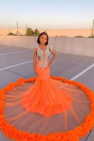sexy cut out bead top orange feather train prom dress