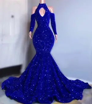 dazzling royal blue sequin mermaid long train prom dress