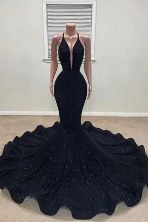 black shimmering glitter plunging neckline prom dress
