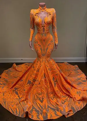unique orange sequin long sleeve long train prom dress