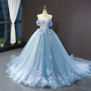 lace appliqued ice blue stunning prom ball gown