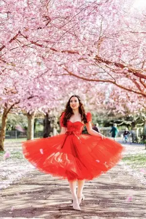 sequinned red tulle puff sleeve tea length cocktail dress