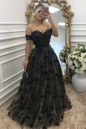 black beaded lace nude mesh off shoulder formal dress