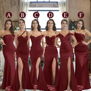 burgundy satin mermaid long mismatched bridesmaid dresses