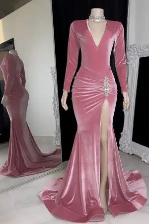 rose pink velvet long sleeve side slit beaded prom dress
