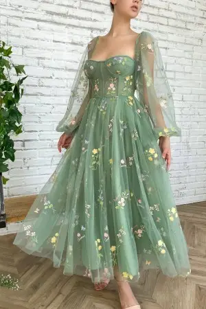 flowers embroidery green mesh ankle length party dress