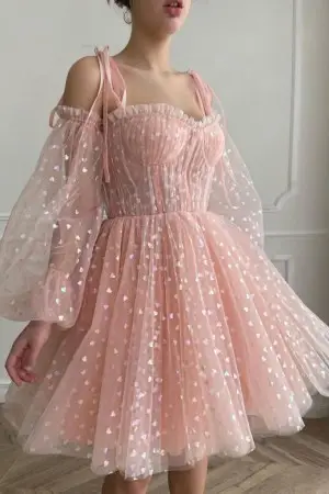 sassy peach pink heart pattern tulle short party dress