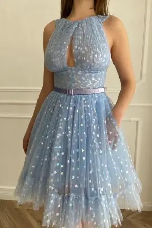 classy blue hearty tulle knee length homecoming dress