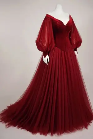 vintage style maroon velvet and tulle basque waist gown