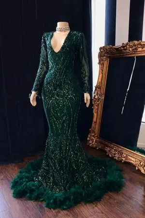 dark green sequin feathers african american prom dress