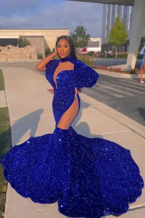asymmetrical cut out royal blue sequin mermaid prom dress