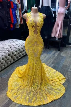 unique geometric pattern yellow sequin mermaid prom dress