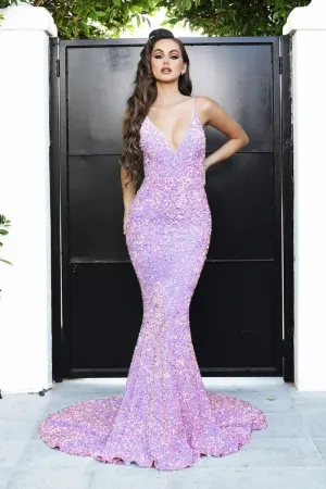 metallic iridescent prom dress Jovani 08099 Iridescent Blue V Neck Open Back Dress