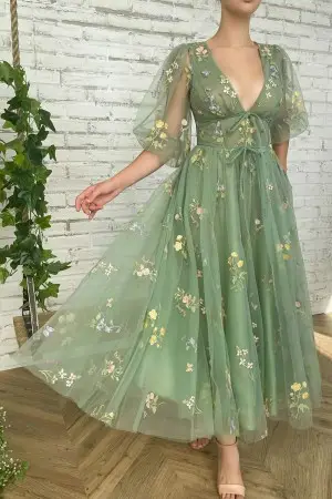 embroidery flowers green tulle ankle length party dress