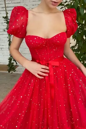 red starry tulle short puff sleeve midi prom dance dress