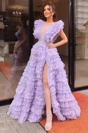 ruffled tiered plunging neck high slit fashion prom dress