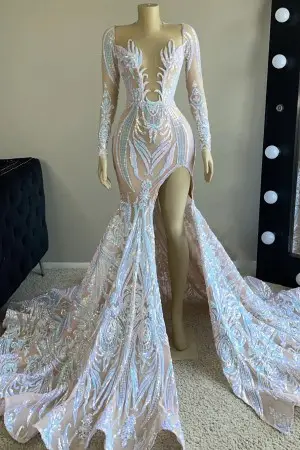 shimmering iridescent sequin long sleeve split prom dress