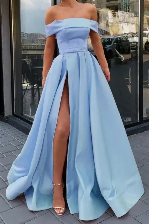 glamorous sky blue satin off the shoulder slit prom dress