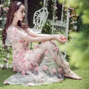 romantic 3d pink floral sheer maxi party dress