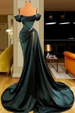 sexy thigh high slit dark green satin pleated prom dress