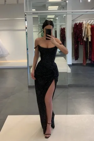 sexy black sequin off shoulder slit long prom dress