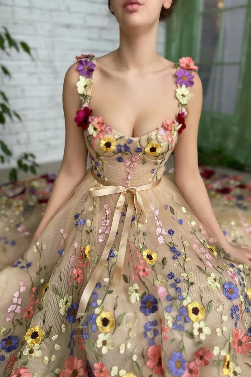 fairy colorful 3d flower corset bodice birhtday dress with sash