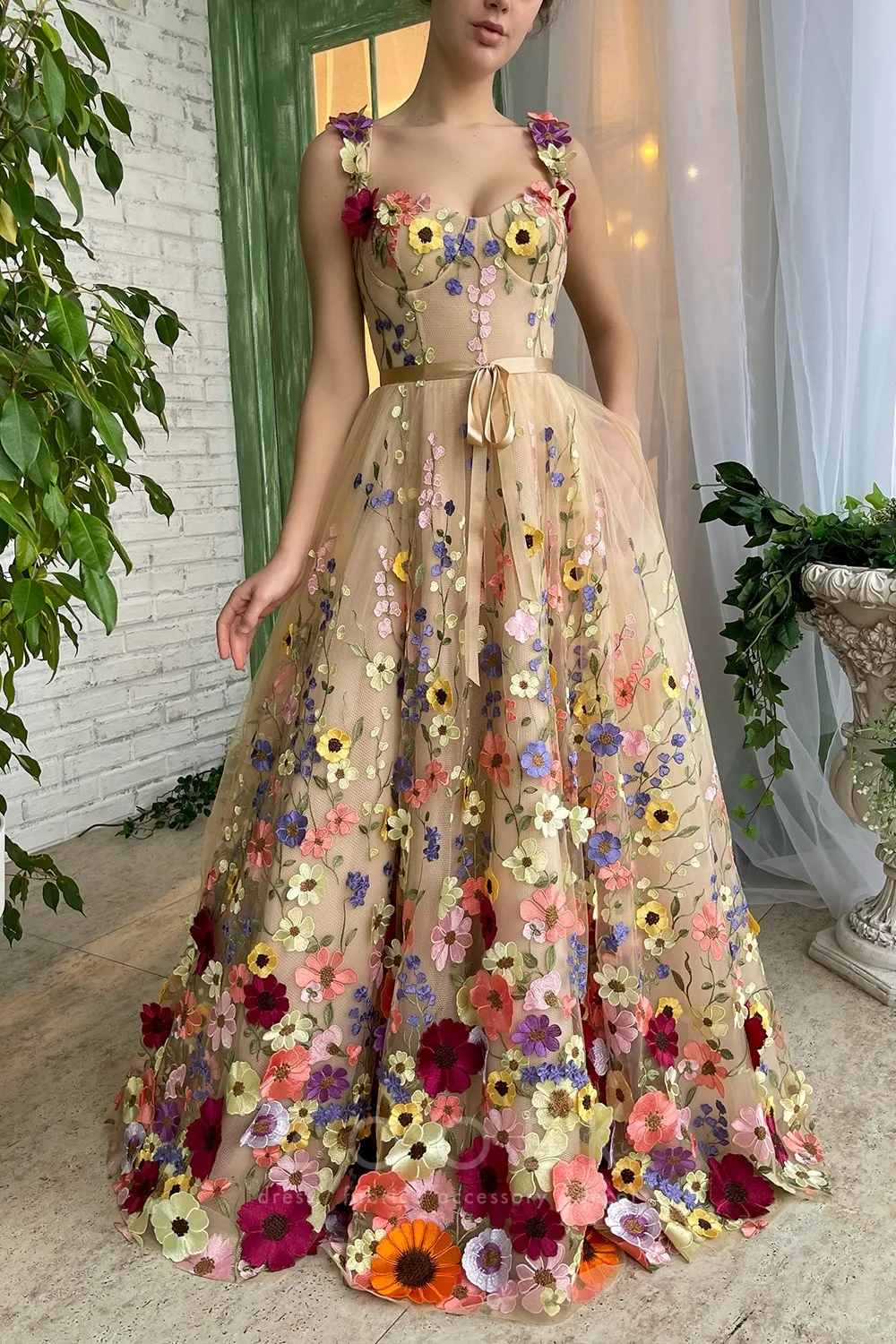 multi color 3d flower corset bodice prom dress with sash