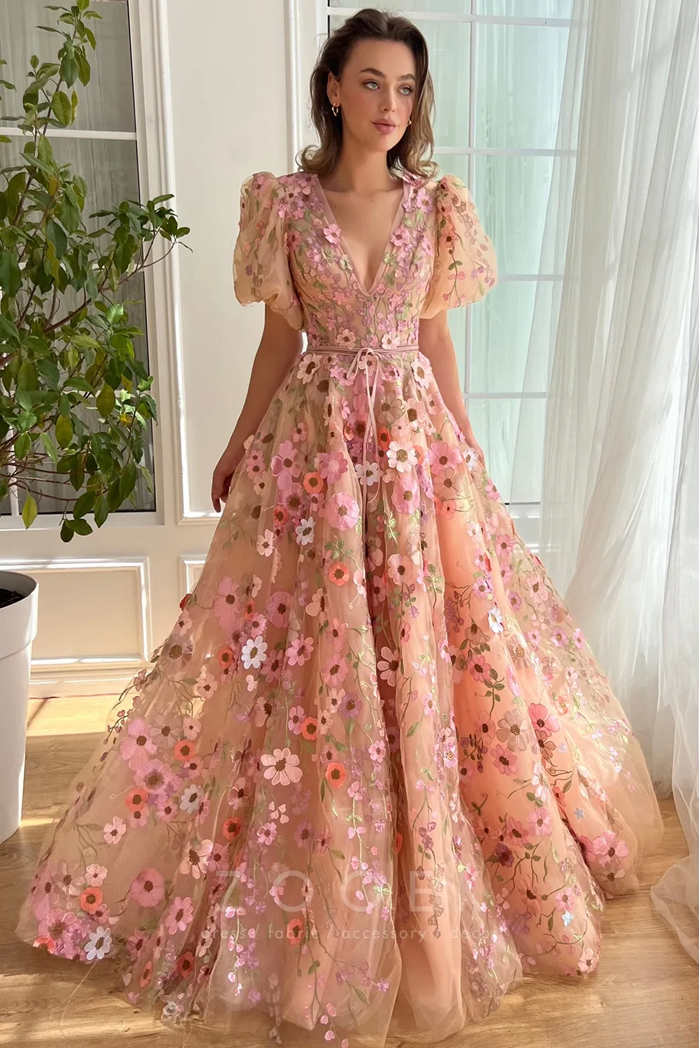 blush 3d flower lace puff sleeve v neck prom dress blush 3d flower lace puff sleeve v neck prom dress