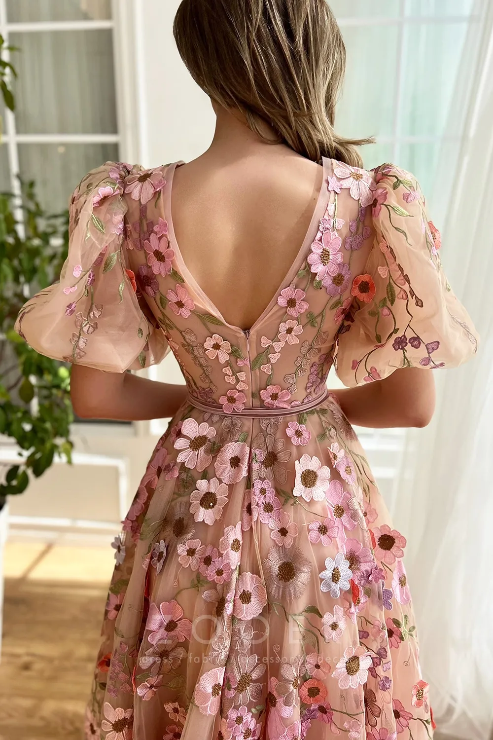 blush 3d flower puff sleeve v back bridal shower dress blush 3d flower puff sleeve v back bridal shower dress
