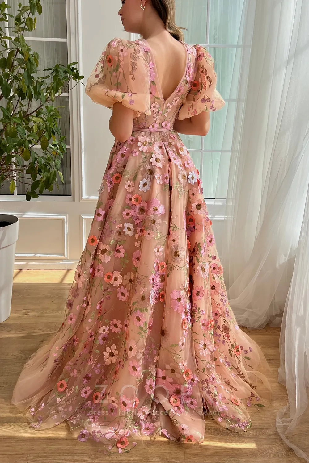 blush 3d flower puff sleeve v back engagement dress blush 3d flower puff sleeve v back engagement dress