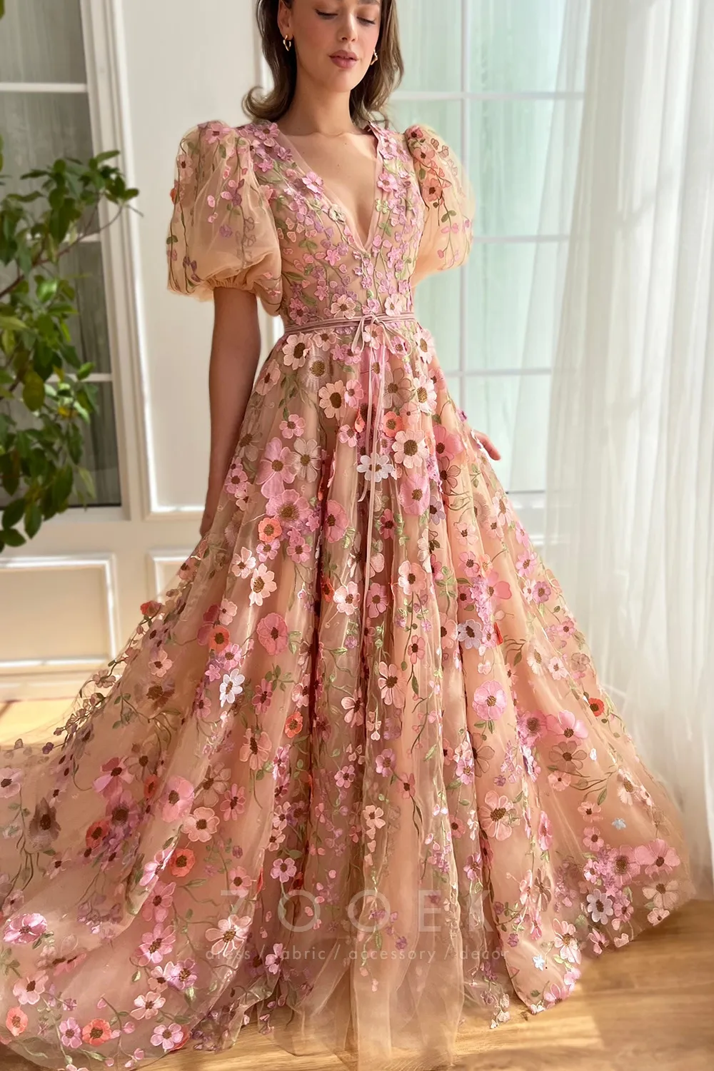 blush 3d flower puff sleeve v neck bridal shower dress blush 3d flower puff sleeve v neck bridal shower dress