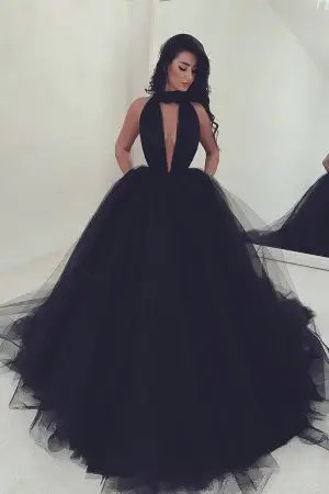 sexy open bodice black tulle ball gown prom dress