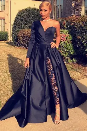 dark navy thick satin one sleeve high slit prom gown