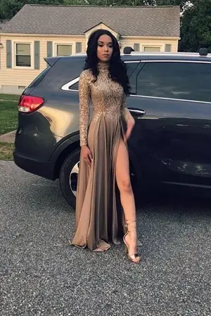 vintage high neck coffee lace and jersey evening dress